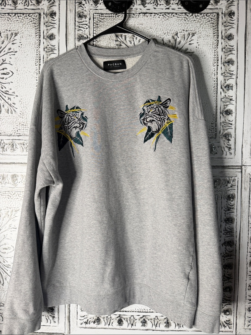 PacSun Grey Crewneck Sweatshirt with Yellow & Green Tiger Embroidery